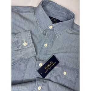 Polo Ralph Lauren Chambray Graphic Work Shirt Small Classic Fit Indigo Button Up